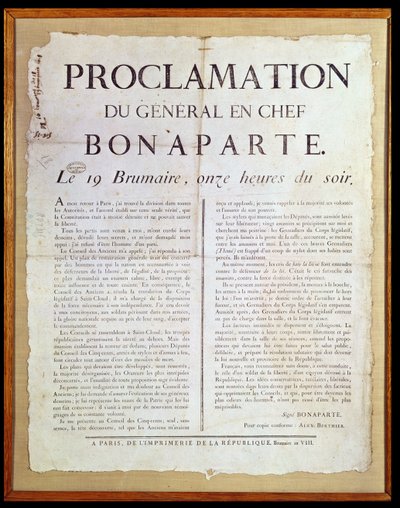 Proclamation of Napoleon I, 19 Brumaire An 8 (10th November 1799) by French School